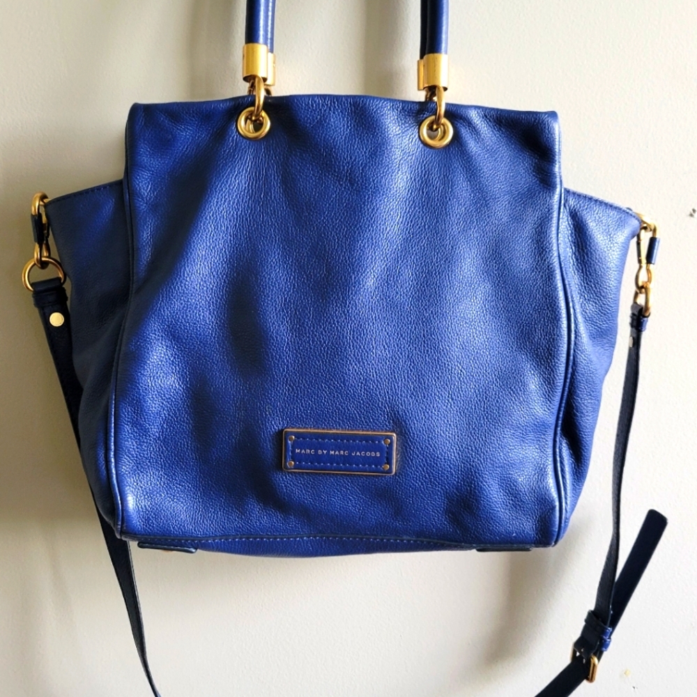 Auth Marc Jacobs Handbag 2-way Shoulder Bag in Blue Indigo Leather Dbl Handles